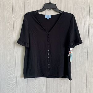 CeCe V-Neck Short Sleeve Black Top Size XS NWT